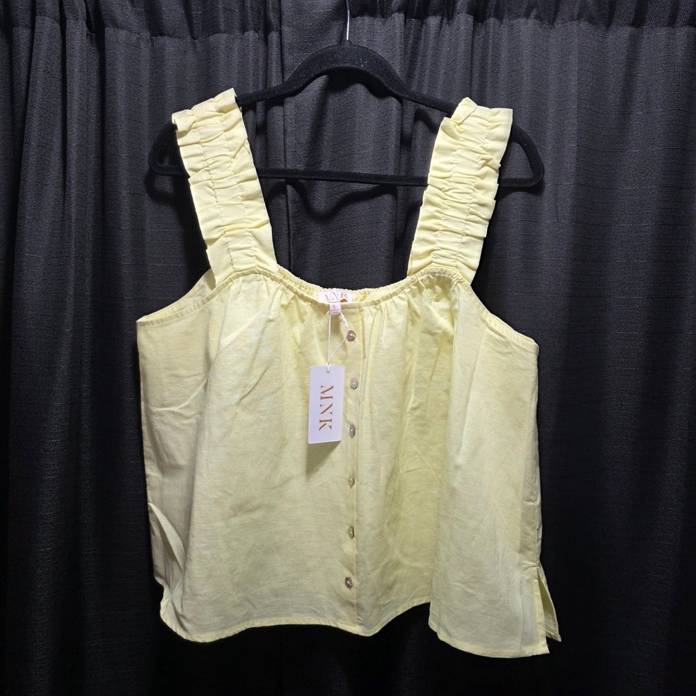 MNK Womens Pale Yellow‎ Ruffle Strap Button Down Linen Blend Tank Top Size L NEW